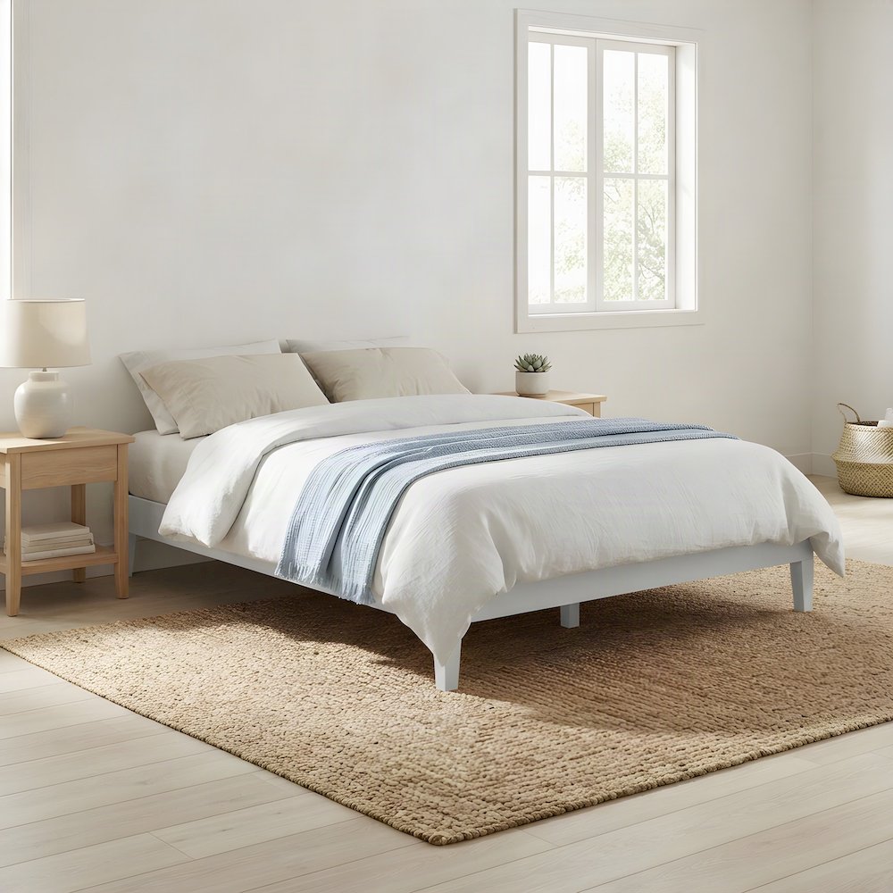 Solid Pine Full Size Bed Frame with Wooden Slats, No Box Spring Needed, White