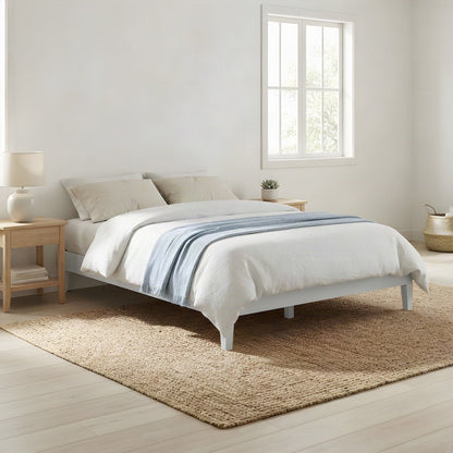 Solid Pine Full Size Bed Frame with Wooden Slats, No Box Spring Needed, White