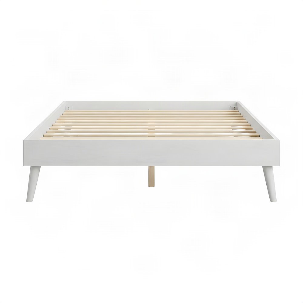 Solid Pine Full Size Bed Frame with Wooden Slats, No Box Spring Needed, White