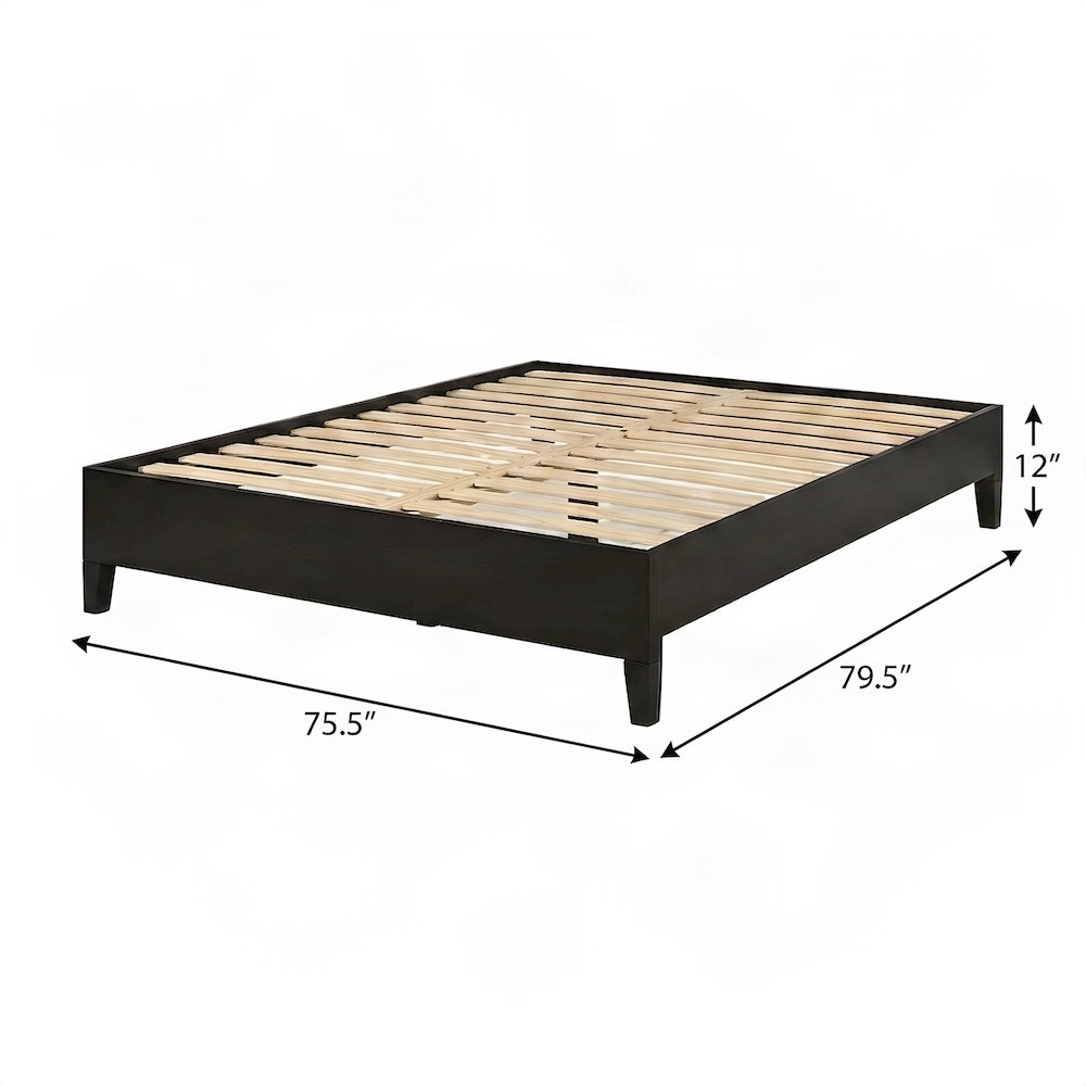 King Platform Bed Frame in Solid Pine Wood, Mid-Century Modern Style, Black