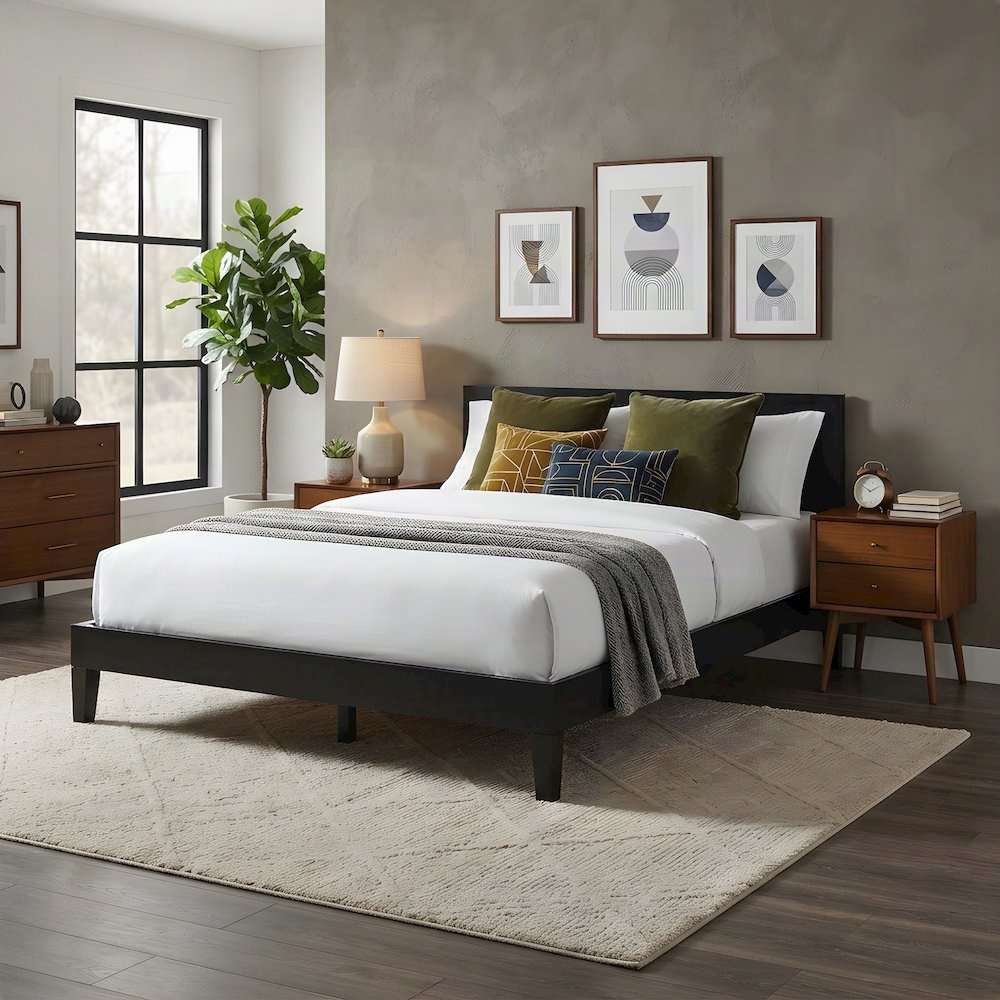 King Platform Bed Frame in Solid Pine Wood, Mid-Century Modern Style, Black