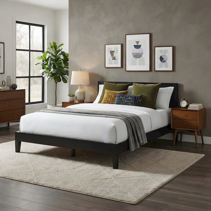 King Platform Bed Frame in Solid Pine Wood, Mid-Century Modern Style, Black