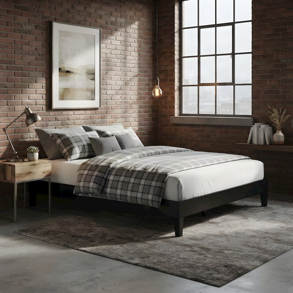 King Platform Bed Frame in Solid Pine Wood, Mid-Century Modern Style, Black