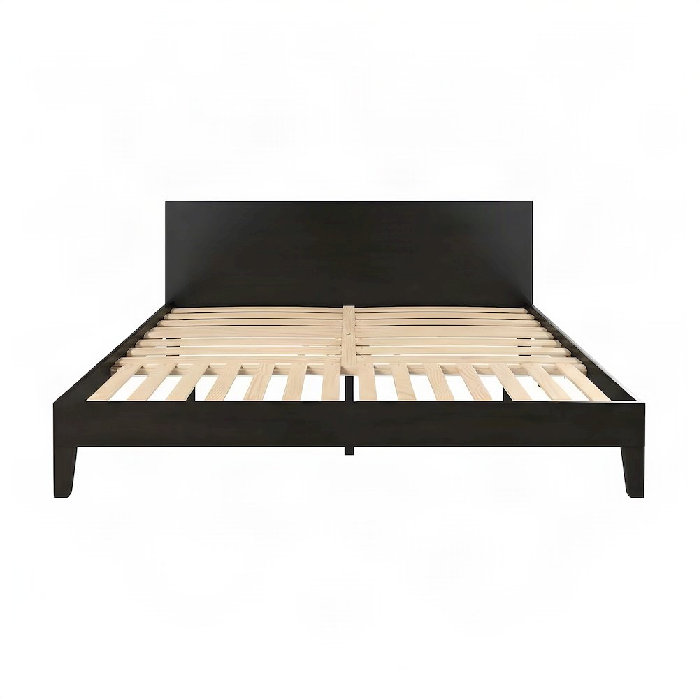 King Platform Bed Frame in Solid Pine Wood, Mid-Century Modern Style, Black