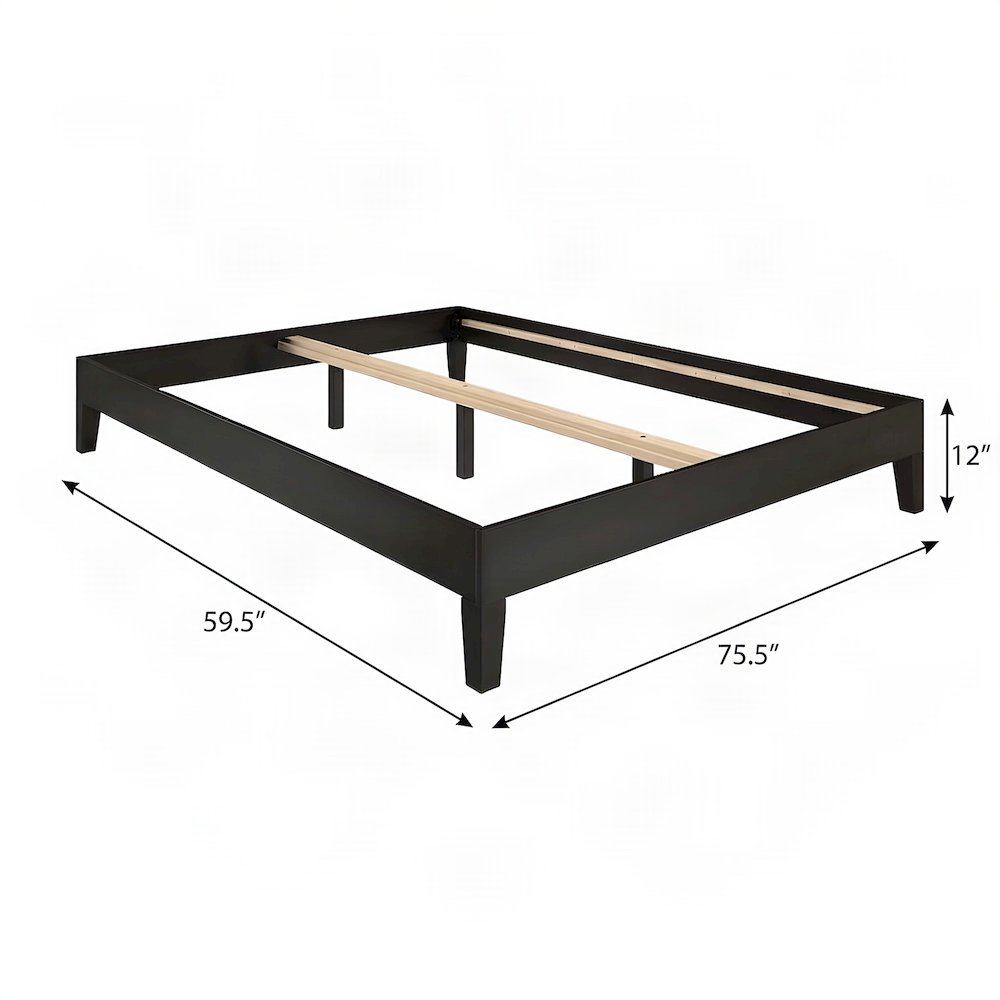 Solid Pine Queen Platform Bed Frame with Headboard, Mid-Century Modern, Black