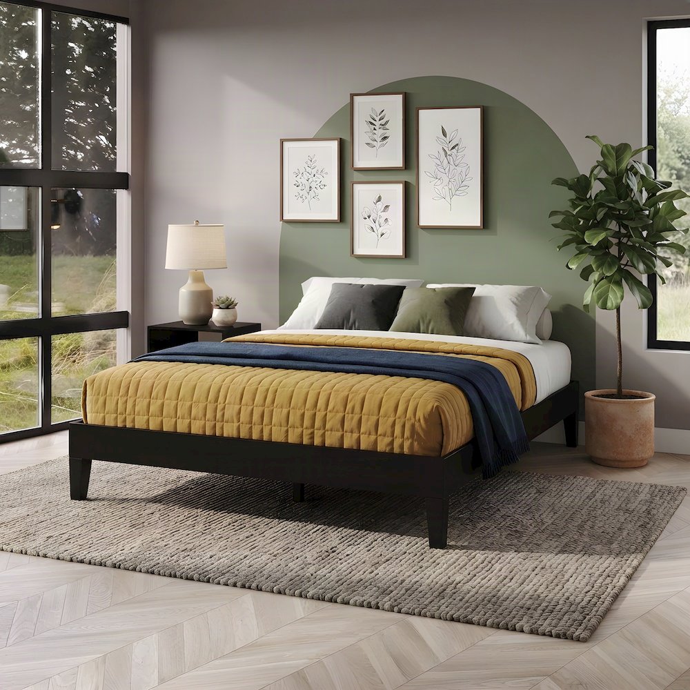Solid Pine Queen Platform Bed Frame with Headboard, Mid-Century Modern, Black