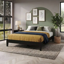 Solid Pine Queen Platform Bed Frame with Headboard, Mid-Century Modern, Black