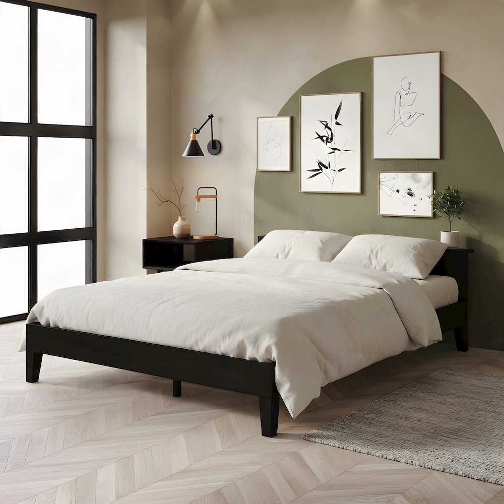 Solid Pine Queen Platform Bed Frame with Headboard, Mid-Century Modern, Black