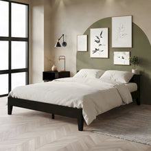 Solid Pine Queen Platform Bed Frame with Headboard, Mid-Century Modern, Black