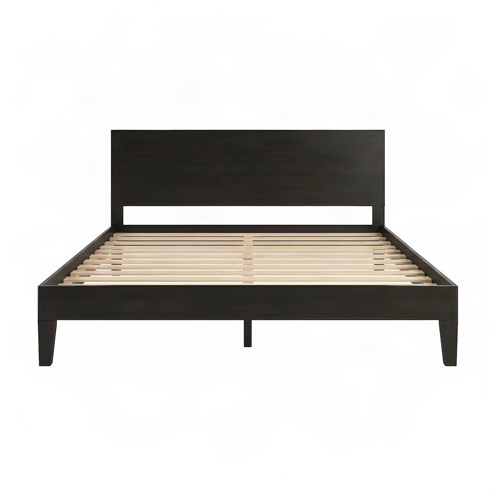 Solid Pine Queen Platform Bed Frame with Headboard, Mid-Century Modern, Black