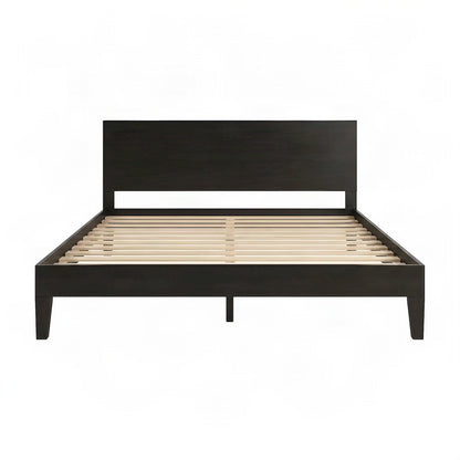 Solid Pine Queen Platform Bed Frame with Headboard, Mid-Century Modern, Black