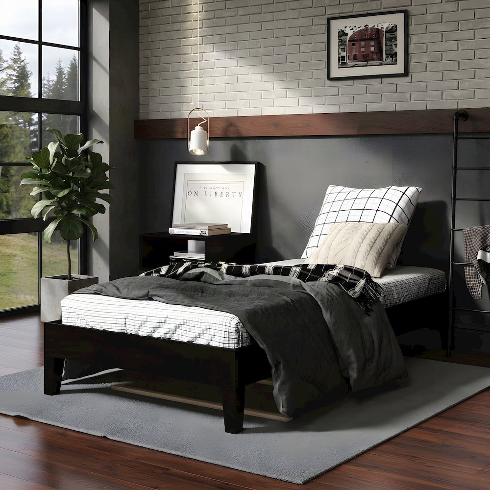 Solid Pine Wood Twin Platform Bed Frame with Wooden Slats, Single Bed, Black