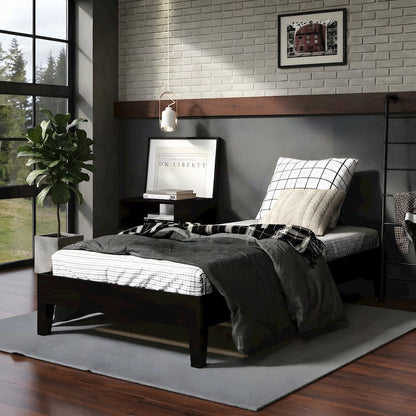 Solid Pine Wood Twin Platform Bed Frame with Wooden Slats, Single Bed, Black