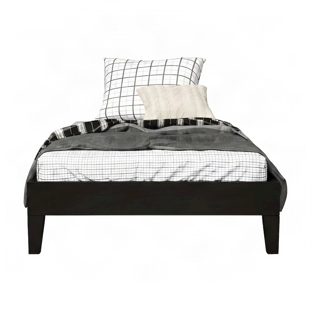 Solid Pine Wood Twin Platform Bed Frame with Wooden Slats, Single Bed, Black