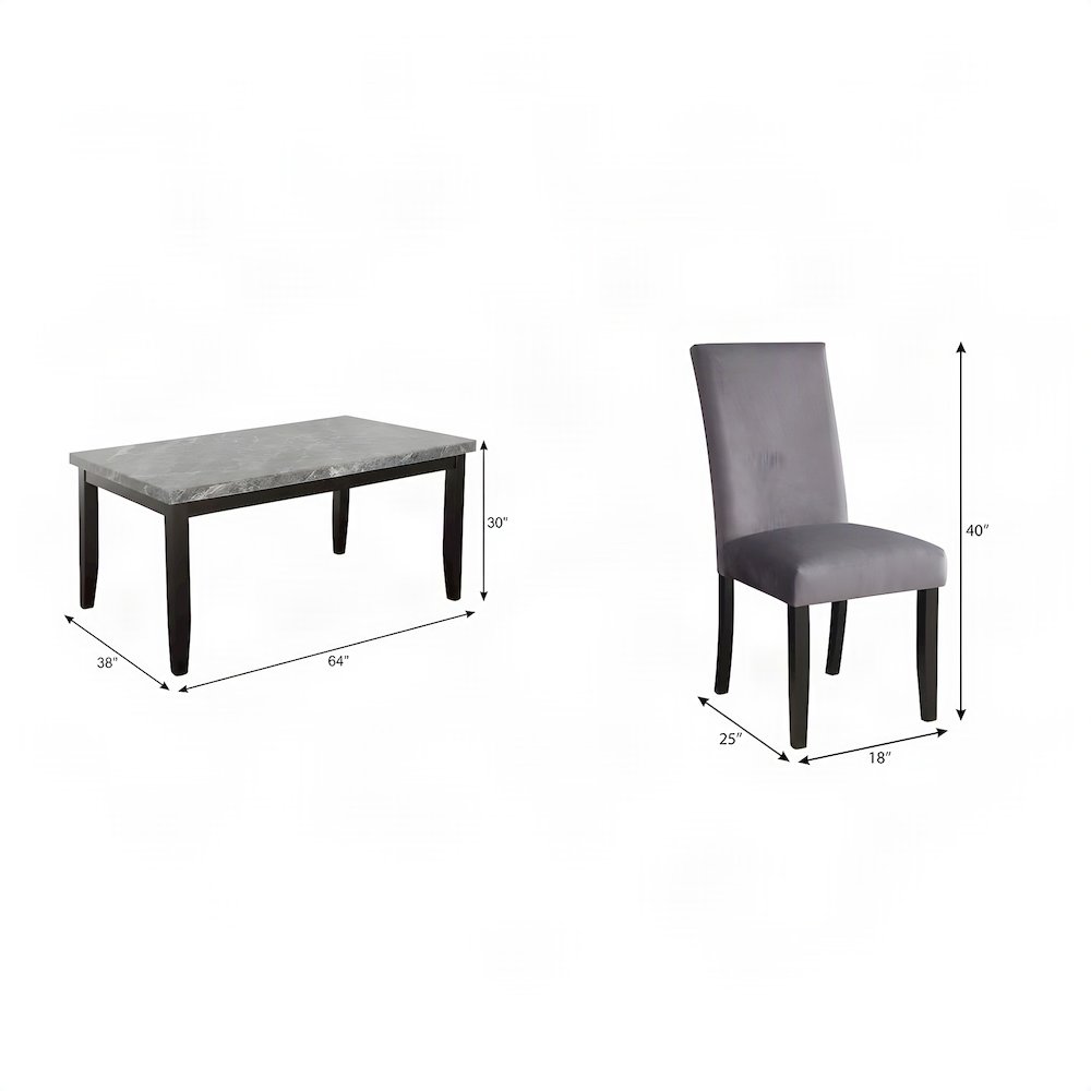 Genuine Marble Top Modern Dining Table and Upholstered Chairs 7 Piece Set, Gray