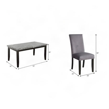Genuine Marble Top Modern Dining Table and Upholstered Chairs 7 Piece Set, Gray