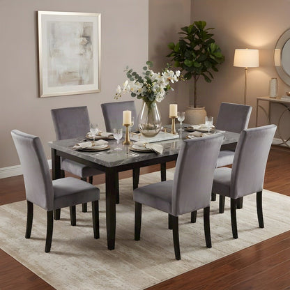 Genuine Marble Top Modern Dining Table and Upholstered Chairs 7 Piece Set, Gray