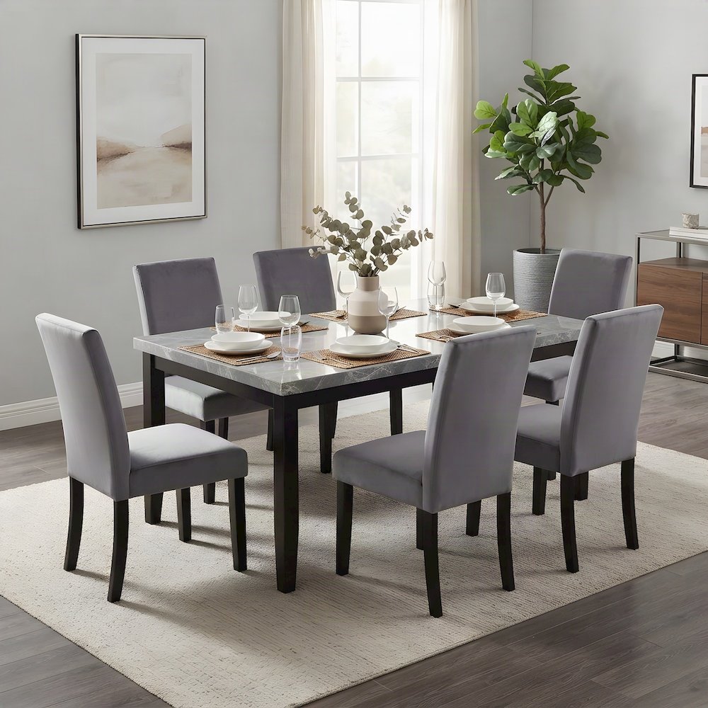 Genuine Marble Top Modern Dining Table and Upholstered Chairs 7 Piece Set, Gray