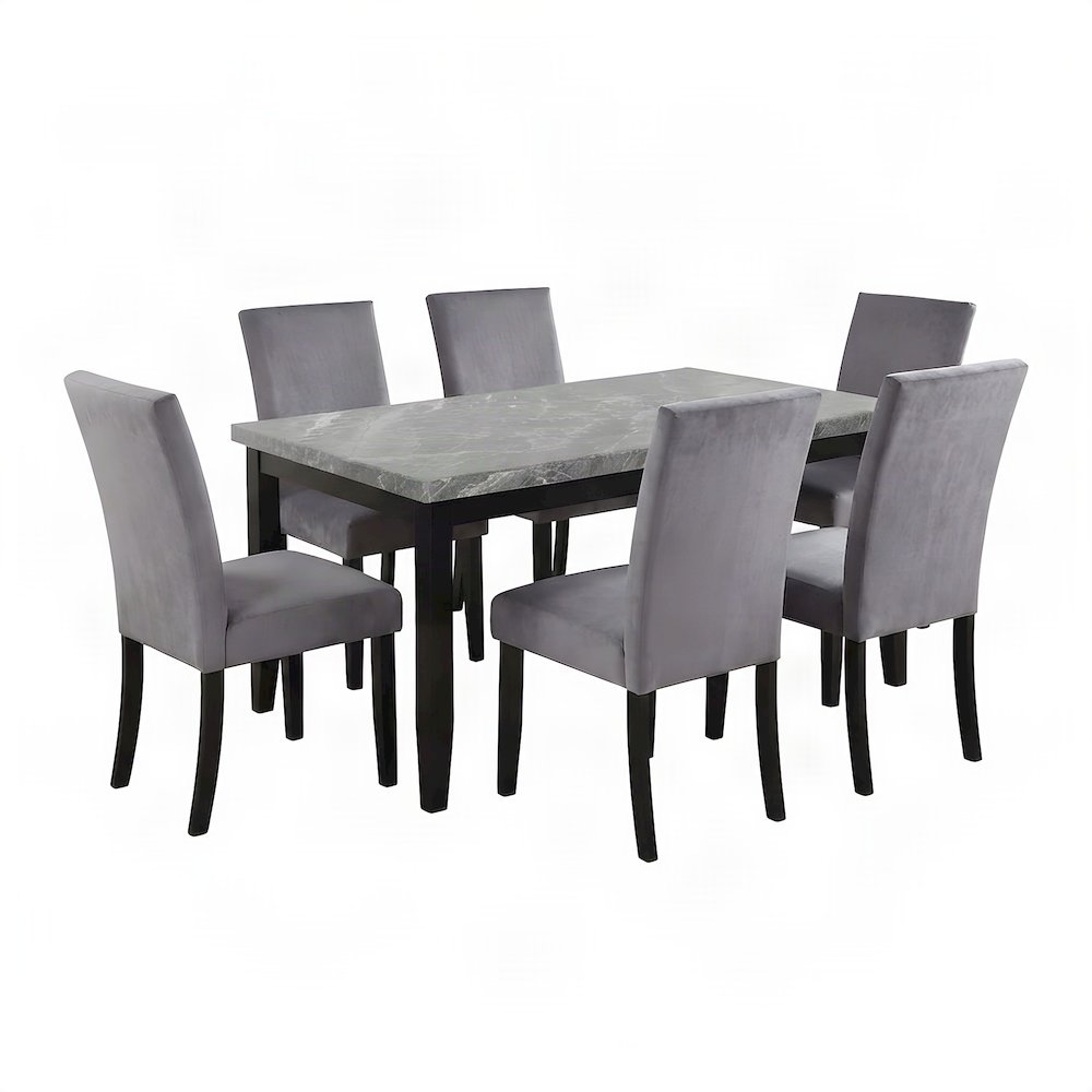 Genuine Marble Top Modern Dining Table and Upholstered Chairs 7 Piece Set, Gray