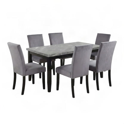 Genuine Marble Top Modern Dining Table and Upholstered Chairs 7 Piece Set, Gray