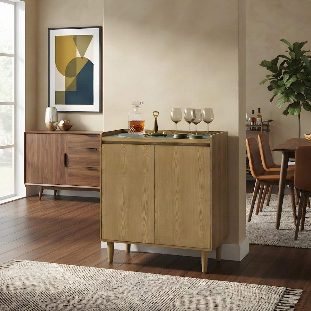 MDF and Sintered Inlay Top Bar Cabinet, Iron Legs, Buffet Sideboard, Light Brown