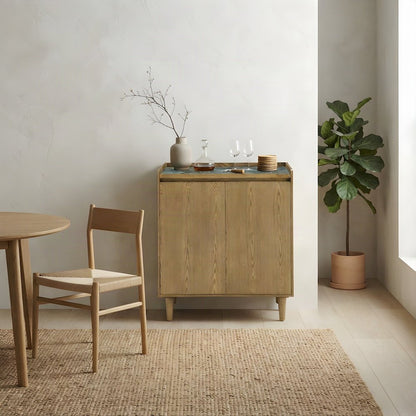 MDF and Sintered Inlay Top Bar Cabinet, Iron Legs, Buffet Sideboard, Light Brown