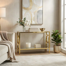 Iron and Tempered Glass Console Table for Entryway or Behind Couch, Gold