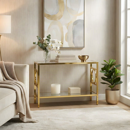 Iron and Tempered Glass Console Table for Entryway or Behind Couch, Gold