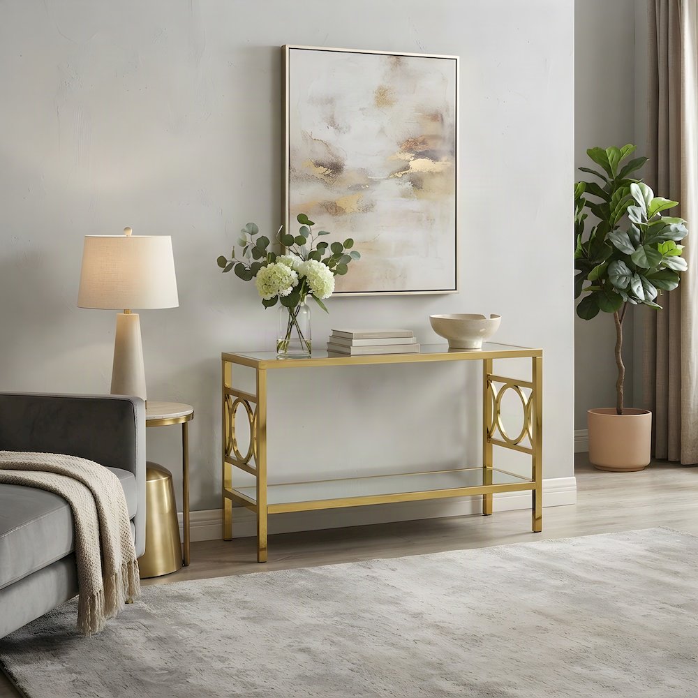 Iron and Tempered Glass Console Table for Entryway or Behind Couch, Gold