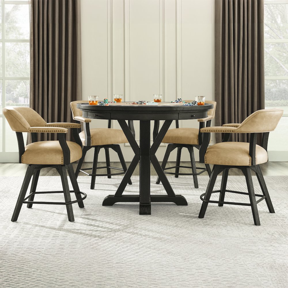 Counter Table with Game Top, 4 Counter Chairs, Black Finish, Sand Vegan Leather