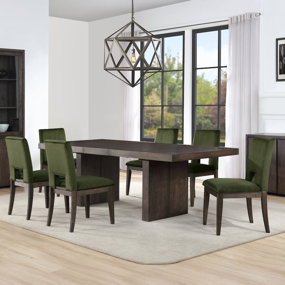 Evan 78-+96-inch Dining Table w/18-inch leaf, 4 Emerald Side Chairs