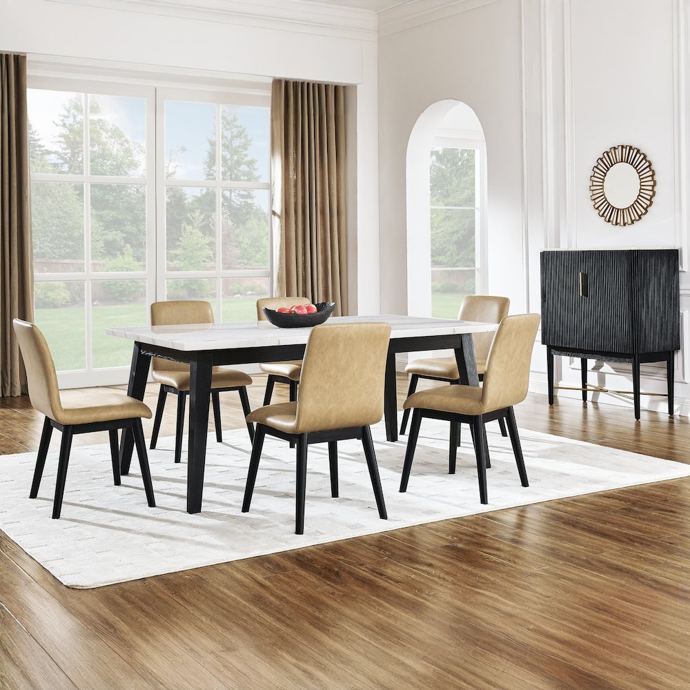 Vida 7-Piece White Marble Dining Set, Black Finish