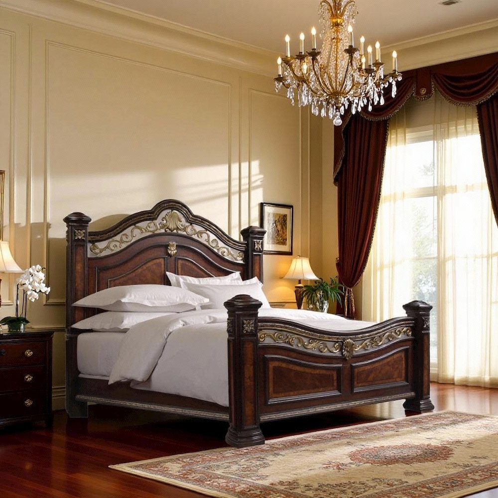 Rich Cocoa Queen Bed Frame with Headboard – Wooden Frame with Carved Accents