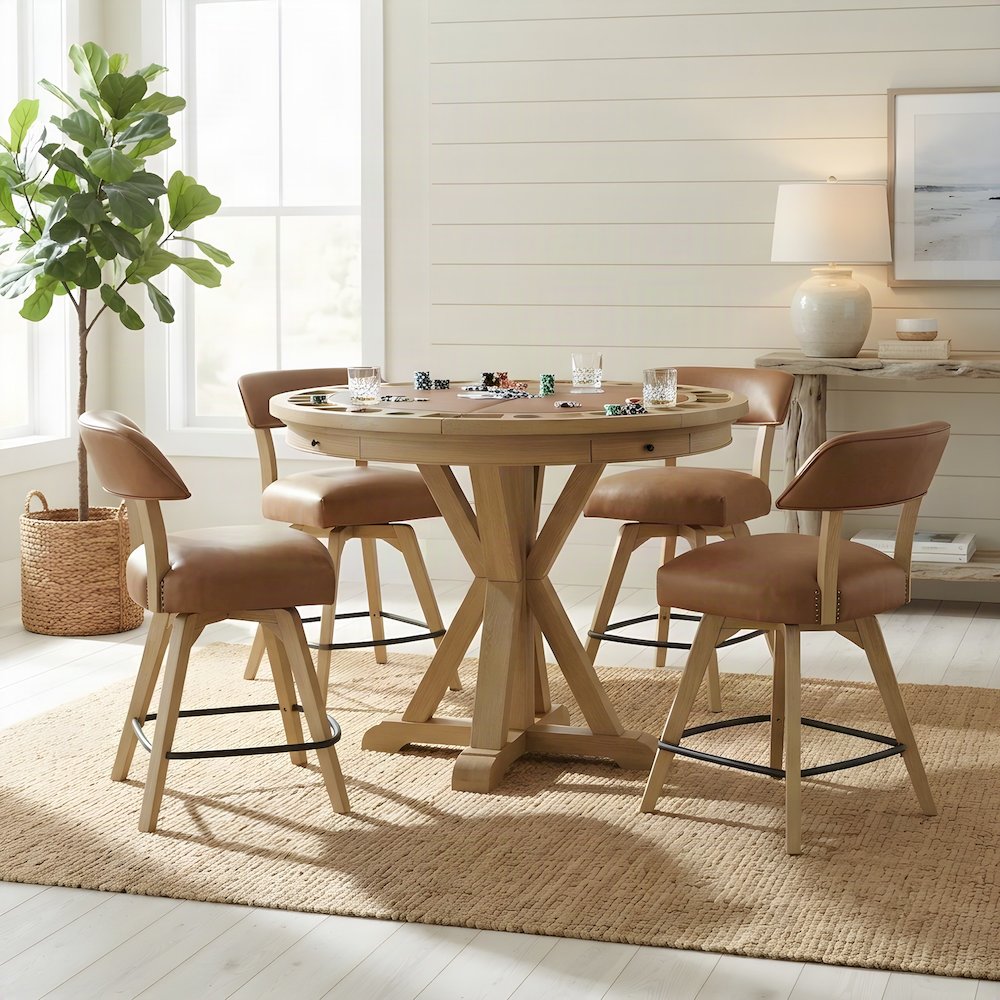 Counter Height Pub Table, Reversible Game Top for Poker and Mahjong, Light Brown