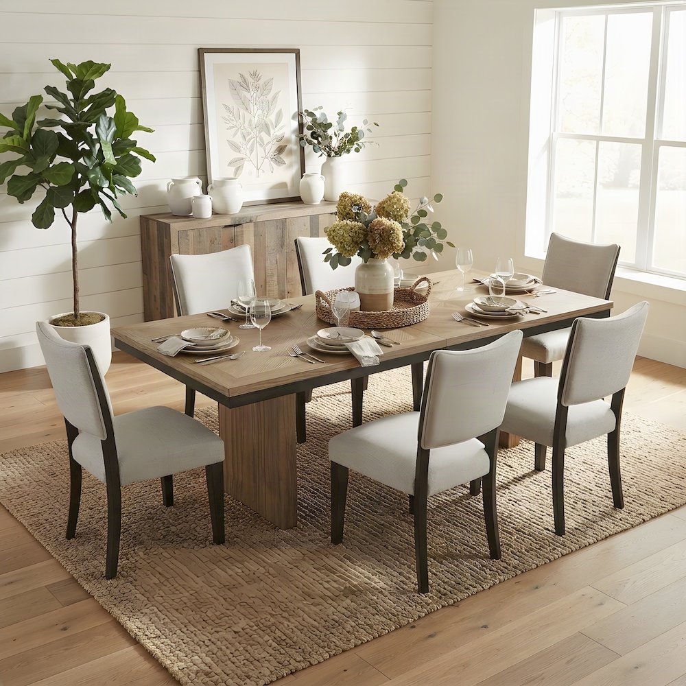 Upholstered Rubberwood Extendable Dining Table with Chairs 7 Piece Set, Brown