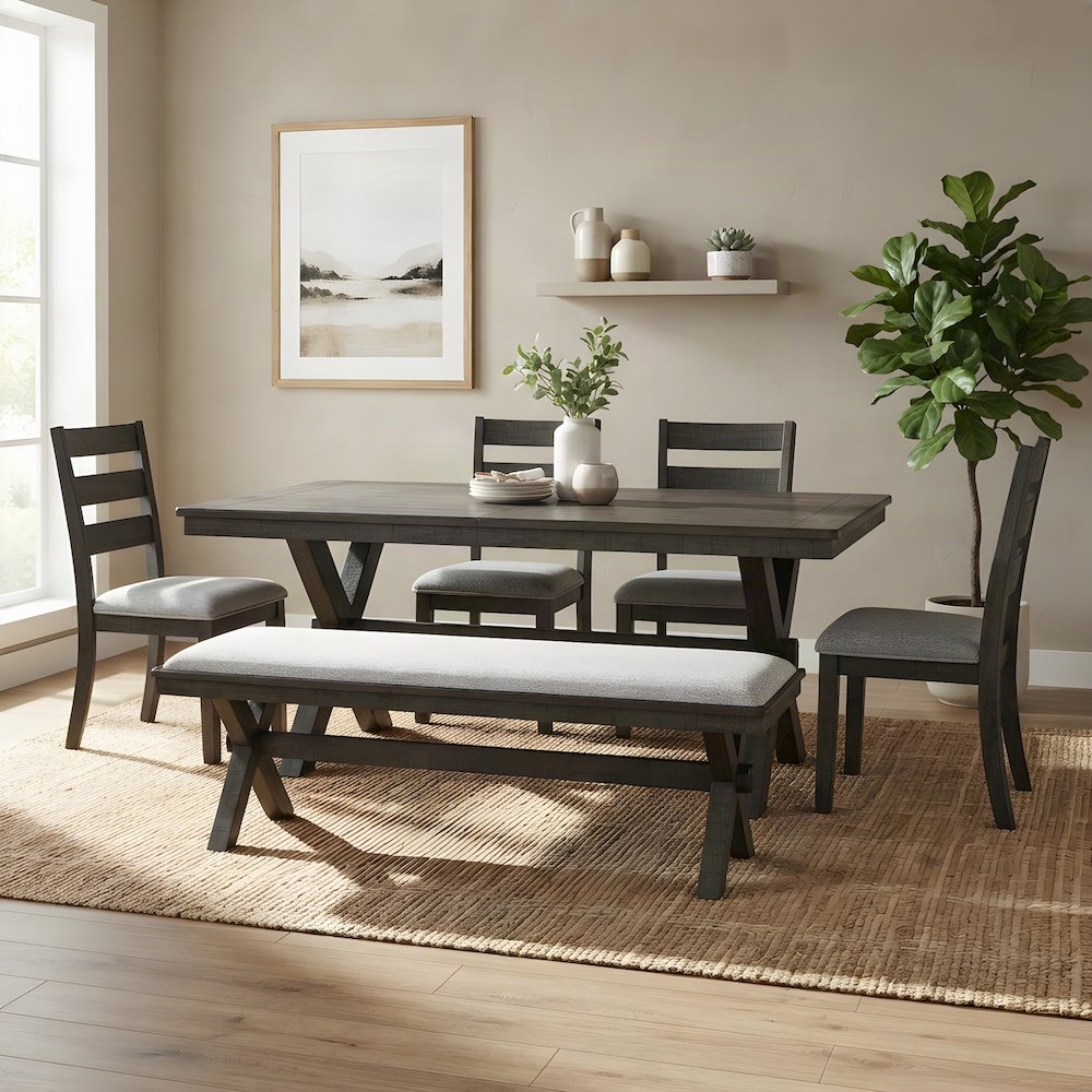 Polyester-Upholstered Dining Bench with Iron Frame and Wood Base, Black