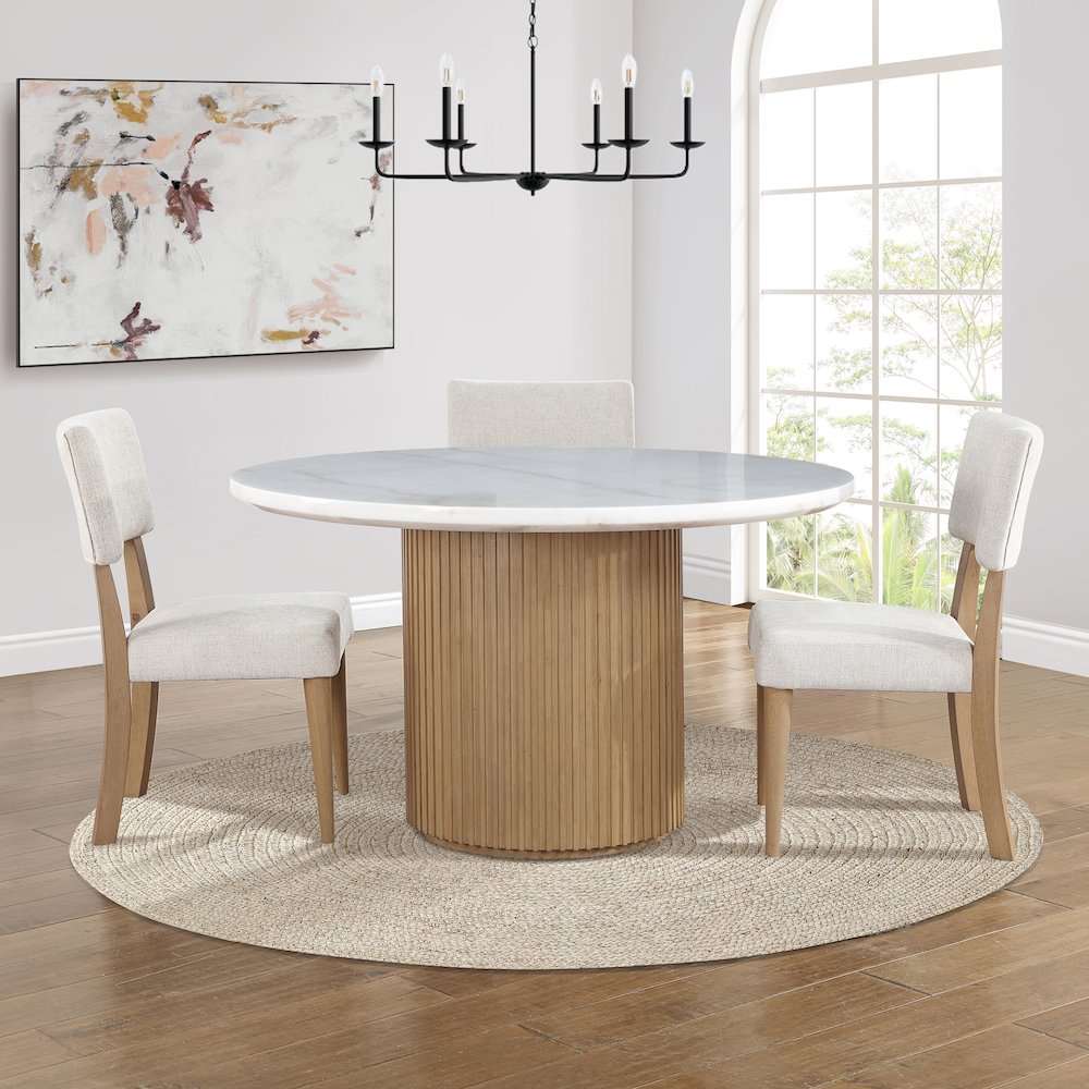 Colvin 5-Piece 52" Round White Marble Dining Set, Brown