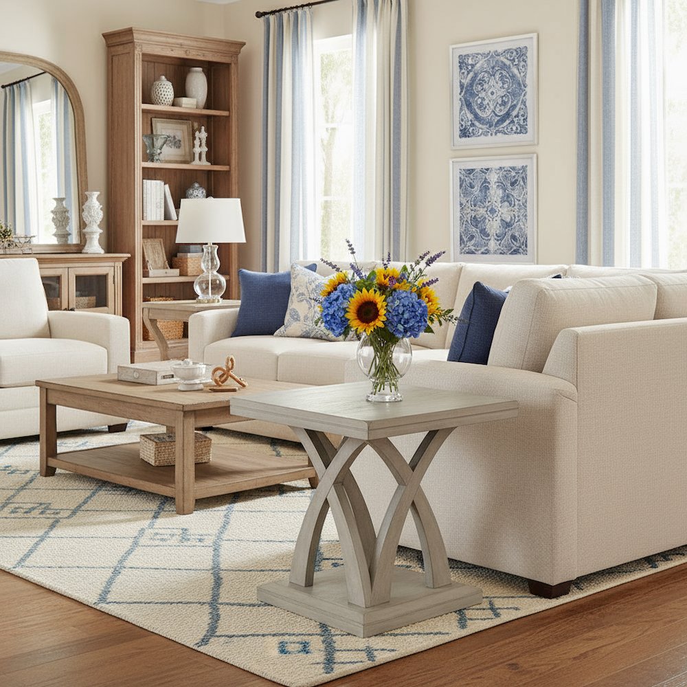 Square End Table, Double Top, Curved X-Base, Mango Veneer, Gray