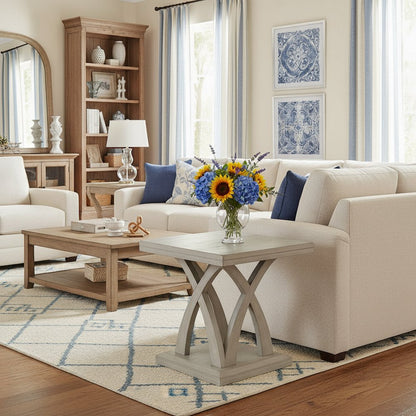 Square End Table, Double Top, Curved X-Base, Mango Veneer, Gray