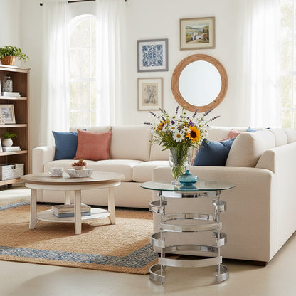 Contemporary End Table, Round Glass Top, Chrome Base, Gray