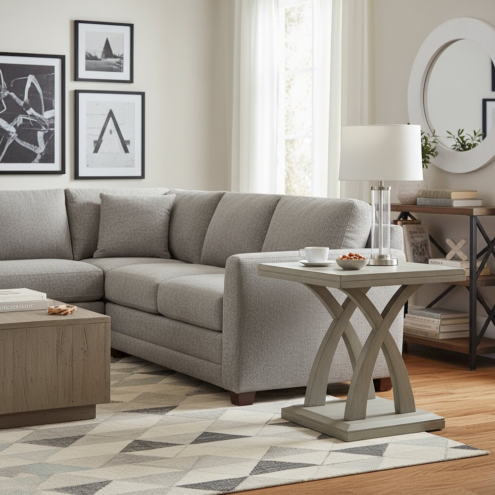 Square End Table, Double Top, Curved X-Base, Mango Veneer, Gray