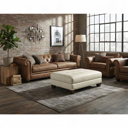 Genuine Leather-Upholstered Ottoman Foot Rest Stool with Plywood Frame, Brown