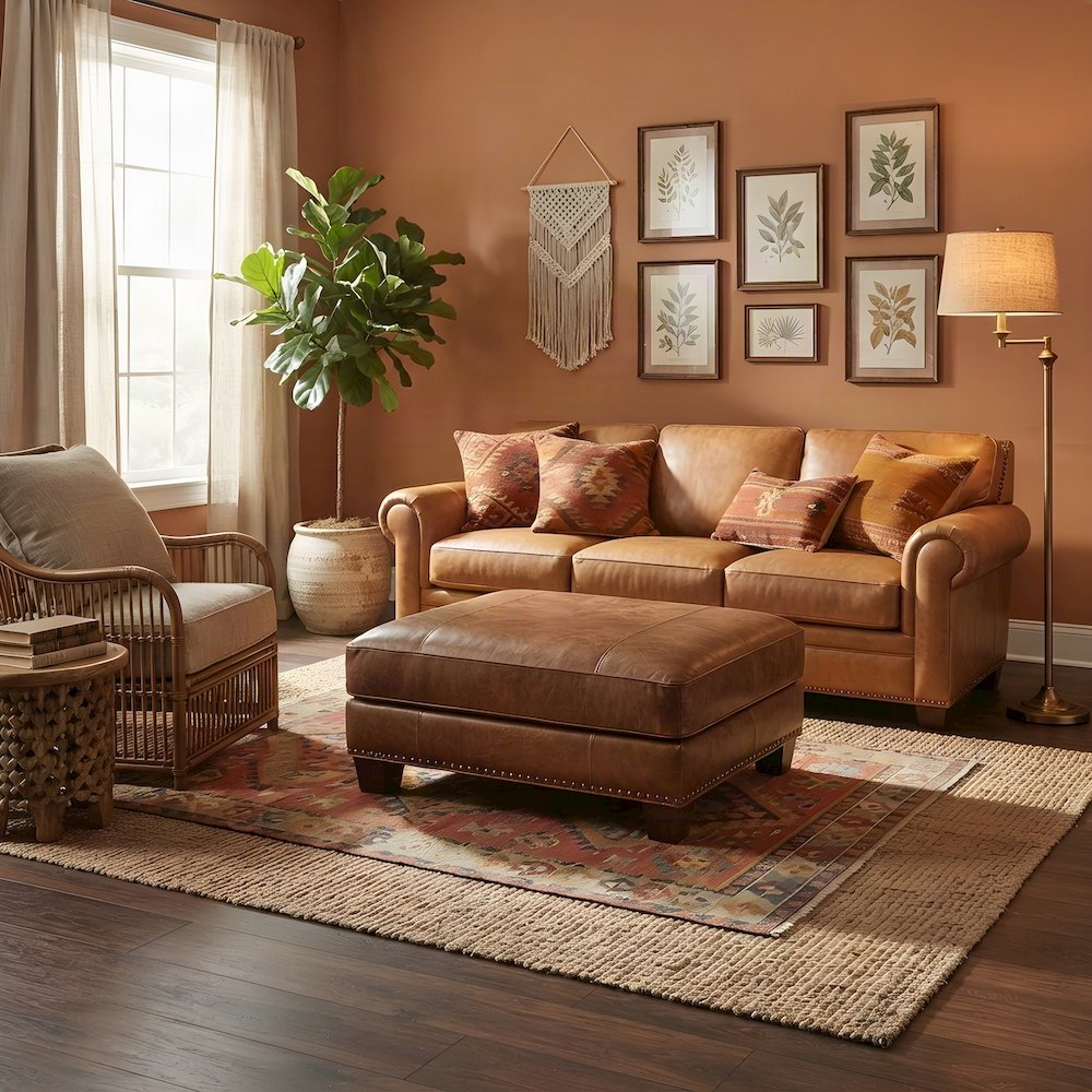 Genuine Leather-Upholstered Ottoman Foot Rest Stool with Plywood Frame, Brown