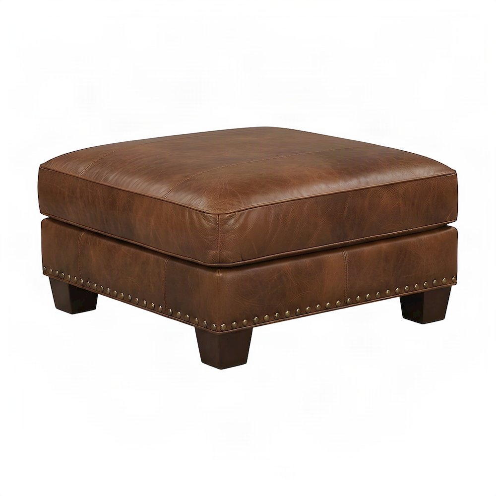 Genuine Leather-Upholstered Ottoman Foot Rest Stool with Plywood Frame, Brown