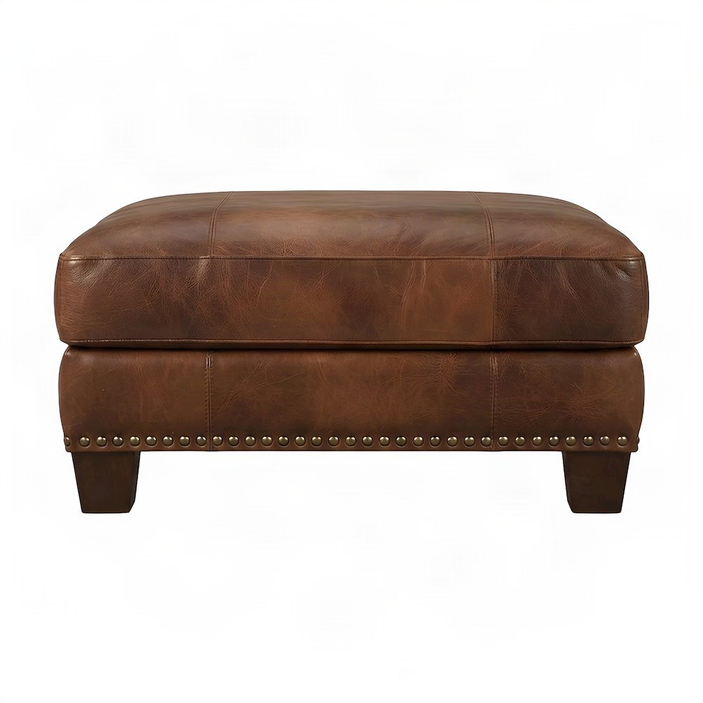Genuine Leather-Upholstered Ottoman Foot Rest Stool with Plywood Frame, Brown