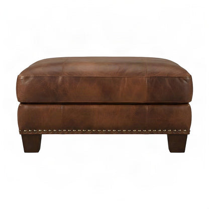Genuine Leather-Upholstered Ottoman Foot Rest Stool with Plywood Frame, Brown