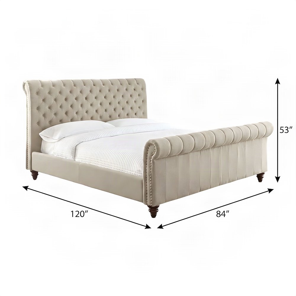 Polyester-Upholstered King Sleigh Bed Frame with Tufted Headboard, Sand
