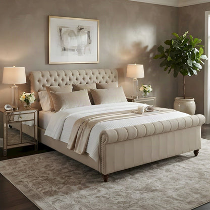 Polyester-Upholstered King Sleigh Bed Frame with Tufted Headboard, Sand