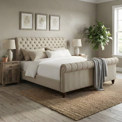 Polyester-Upholstered King Sleigh Bed Frame with Tufted Headboard, Sand
