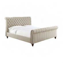 Polyester-Upholstered King Sleigh Bed Frame with Tufted Headboard, Sand